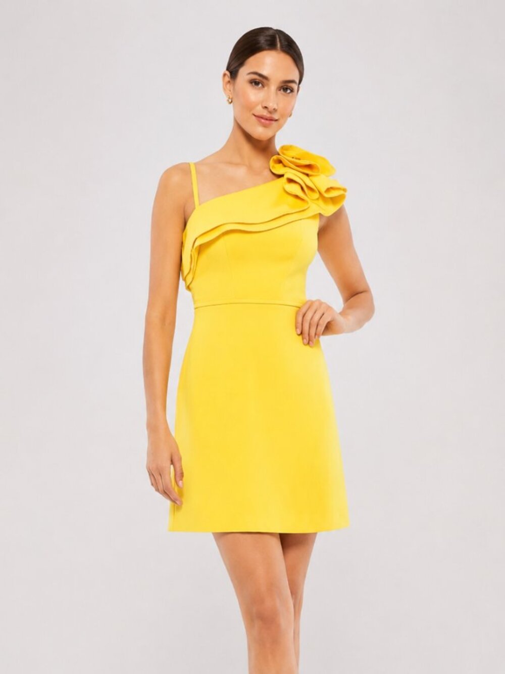 Ieena for Mac Duggal One Shoulder Ruffle Mini Dress In Lemon Size 2